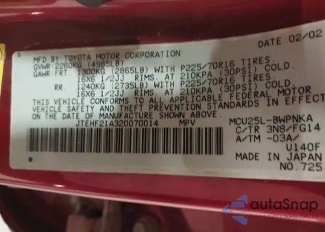 2002 Toyota Highlander V6 z USA, uszkodzony, nr VIN JTEHF21A320070014